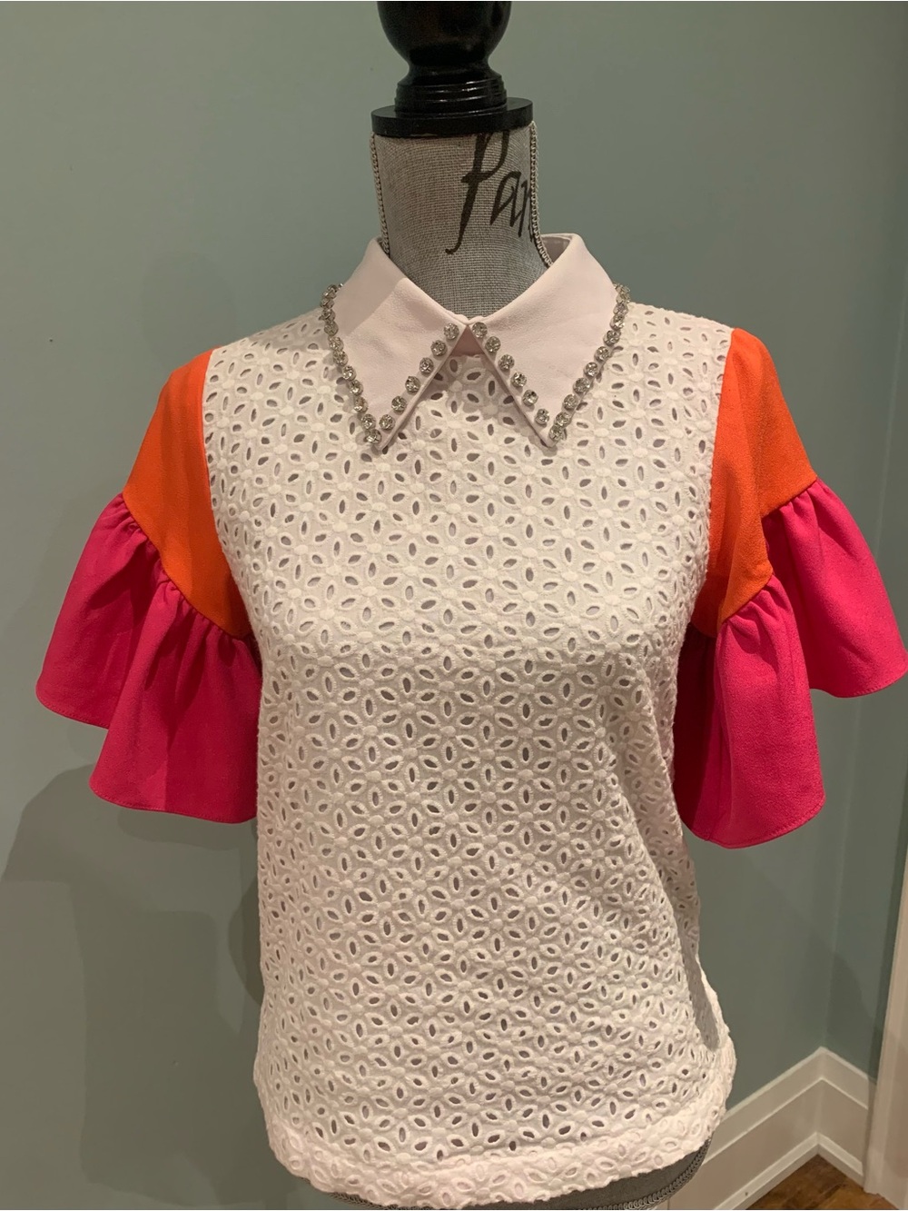Eyelet Lace White Blouse with Pink & Orange Ruffle Sleeves